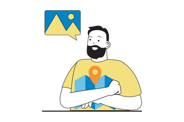Poster - Travel vacation concept with people scene in flat web design. Man with map planning route for hiking walking and trekking in mountains. Vector illustration for social media banner, marketing material.