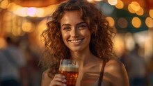 Beautiful Young Woman, Holding A Beer Glass In Her Hand, Smiling And Looking At The Camera, At A Beer Festival, Blurry Background