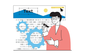 Poster - Web development concept with people scene in flat design. Man works with abstract programming code, engineering and creating homepage. Vector illustration for social media banner, marketing material.