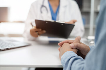 Concerned senior old patient, patient talks with healthcare professional.