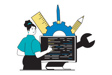 Poster - Web development concept with people scene in flat design. Woman creating programming code and using engineering tools for settings. Vector illustration for social media banner, marketing material.