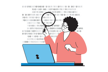 Leinwandbilder - Web development concept with people scene in flat design. Woman with magnifier searching bugs at program code for settings and fixing. Vector illustration for social media banner, marketing material.