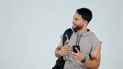 Poster - Fitness, winner and man with phone in studio after exercise, training and workout for wellness. Sports, happy and person on smartphone celebrate winning, health target and goals on gray background