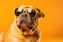 Portrait Shar Pei Dog With Sunglasses Orange Background Health Personality Of Shar Pei, Care Of Shar Pei, How To Photograph A Shar Pei, Designer Dog Accessories