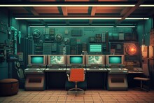 Vintage Computer Room With Mainframe Machines And Punch Card Readers