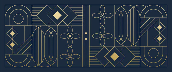 Wall Mural - Luxury geometric gold line art and art deco background vector. Abstract geometric frame and elegant art nouveau with delicate. Illustration design for invitation, banner, vip, interior, decoration.