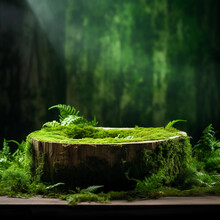 Wooden Podium Tabletop Blurs The Green Backdrop, Green Moss Thrives On The Aged Log Stage, Green Podium For Nature Product Display, Organic Product Showcase, Studio Lighting, Generative AI.