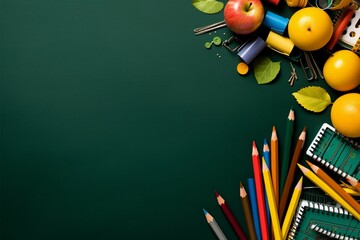 Top view School supplies laid out against a green board backdrop