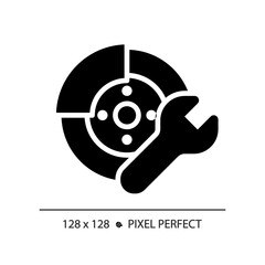 Sticker - 2D pixel perfect glyph style car disc brake repair icon, isolated vector, simple silhouette illustration representing car service and repair.