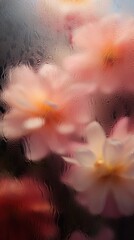 Wall Mural - Background of blooming flowers in front of glass with water drops.