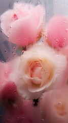 Wall Mural - Background of blooming flowers in front of glass with water drops.