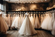 © Mirador - Many white wedding dresses hang on hangers in a bridal shop