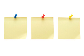 Three yellow pinned note paper. Blank stickers for notes with place for your text on a transparent background