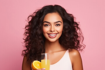 Wall Mural - Young and beautiful woman holding glass of sweet lemon juice