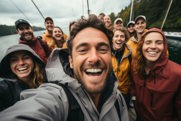 A group of men and women were taking photos on a yacht using a selfie stick