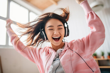 Happy funny gen z Asian teen girl wearing headphones dancing at home and listening music on mobile phone.