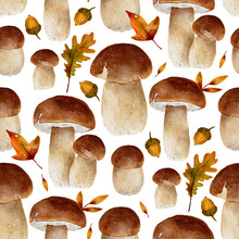 Watercolor Brown Mushroom Cute Fall Autumn Floral Forest Harvest Seamless Pattern
