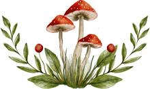 Fall Autumn Vintage Red Fungi Mushroom Print Woodland Cute Hand Drawn Ornament Season Card