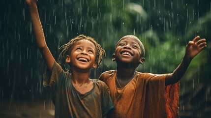 Wall Mural - African children rejoice in the rain.