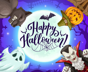 Wall Mural - Cartoon Halloween holiday characters on night cemetery background. Vector spooky ghost, pumpkin scarecrow, scary Dracula vampire, horror werewolf and bat personages with full moon, graveyard, crosses