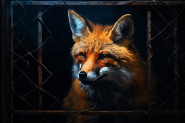 Fototapete - A fox confined to a wire cage, looking out with a mixture of curiosity and longing.