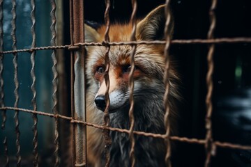 Fototapete - A fox confined to a wire cage, looking out with a mixture of curiosity and longing.