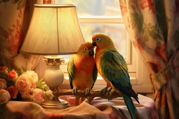 Aufkleber - A pair of lovebirds perched on a lampshade in a bedroom, chirping happily.
