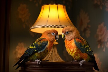 Aufkleber - A pair of lovebirds perched on a lampshade in a bedroom, chirping happily.