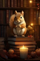 Wall Mural - A curious squirrel perched on a bookshelf in a cozy living room, surrounded by books.