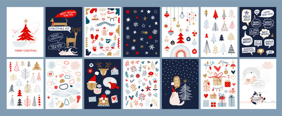 Wall Mural - Set Christmas cards with Christmas tree, wreath, christmas elements. Vector illustrations