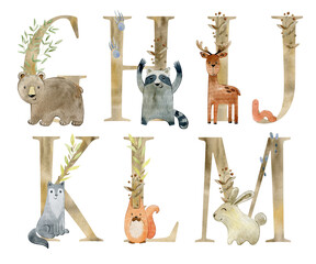 Watercolor woodland animals letters for invitation card, nursery poster and other.