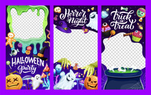 Halloween Social Media Templates For Holiday Of Horror Night, Vector Frames With Cartoon Monsters. Halloween Holiday Spooky Pumpkin Lanterns, Scary Ghosts With Trick Or Treat Sweets And Witch Cauldron