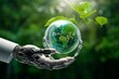 Sustainable development goal (SDGs) concept. Robot hand holding small plants with Environment icon. Green technology and Environmental technology. Artificial Intelligence and Technology, Generative AI