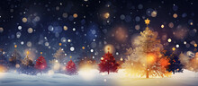 árbol De Navidad Con Bolas Iluminadas Y Estrella En Su Parte Superior En Paisaje Nocturno Nevado, Con Fondo Desenfocado Y Bokeh