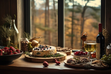 Rustic table with blueberry pie next to dried fruits in an autumn atmosphere next to the window of a cabin.