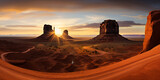 Fototapeta  - Sunrise illuminates the grandeur of the canyon valley landscape..