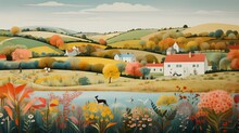 Landscape, Family And Village. Illustration Of A House, Lake, Field, View,  Tree And Flowers. Drawings For Poster Or Pattern. Book Illustration.Serious Digital Painting. CG Artwork Generative AI.
