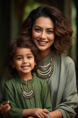 Wall Mural - Young indian woman with her little daughter smiling.