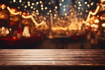 empty table and blur christmas market bokeh lights background, template