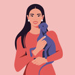 A young Asian woman holding an Italian greyhound puppy. Happy dog breeding. Veterinary. Vector illustration in flat style