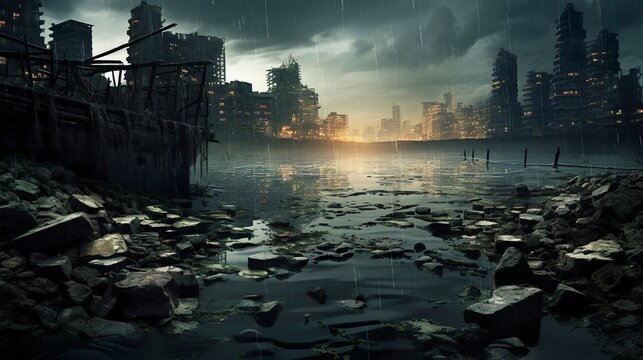 after a torrential downpour, the city lies submerged, embodying the aftermath of a catastrophic floo
