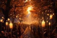 A Procession Of People Holding Candles And Lanterns On A Crisp Autumn Night, Commemorating All Saints' Day, With Golden Leaves Underfoot