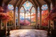 A serene chapel set amidst an autumn landscape, where the colorful fall leaves blend harmoniously with the stained glass windows
