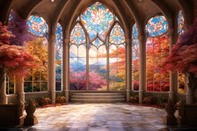 A Serene Chapel Set Amidst An Autumn Landscape, Where The Colorful Fall Leaves Blend Harmoniously With The Stained Glass Windows