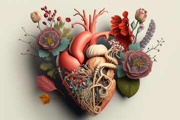 Blooming anatomical human golden heart, illustration