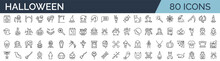 Set Of 80 Outline Icons Related To Halloween. Linear Icon Collection. Editable Stroke. Vector Illustration