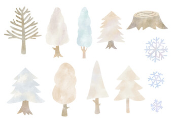 Wall Mural - White and beige color trees and snowflakes, hand drawn watercolor illustration set / 白とベージュカラーの木と雪の結晶、手描きの水彩イラストセット