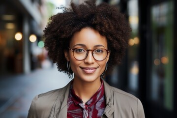 smiling african american woman in eyeglasses at city