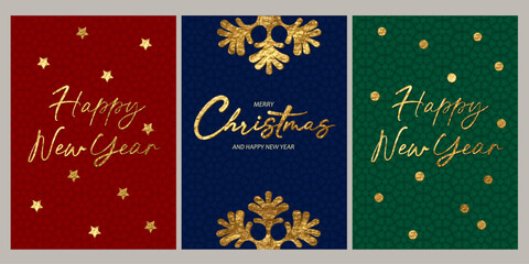 Wall Mural - Merry Christmas and Happy New Year holiday card design. Golden foil letters, snowflakes, lettering. Shiny festive texture. Colorful Christmas style.
