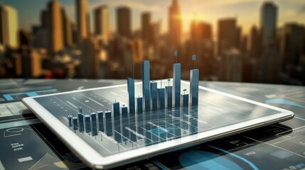 Fototapete - Digital marketing, Tablet analyzing data and economic growth graph chart Diagrams projecting charts and financial statistics.